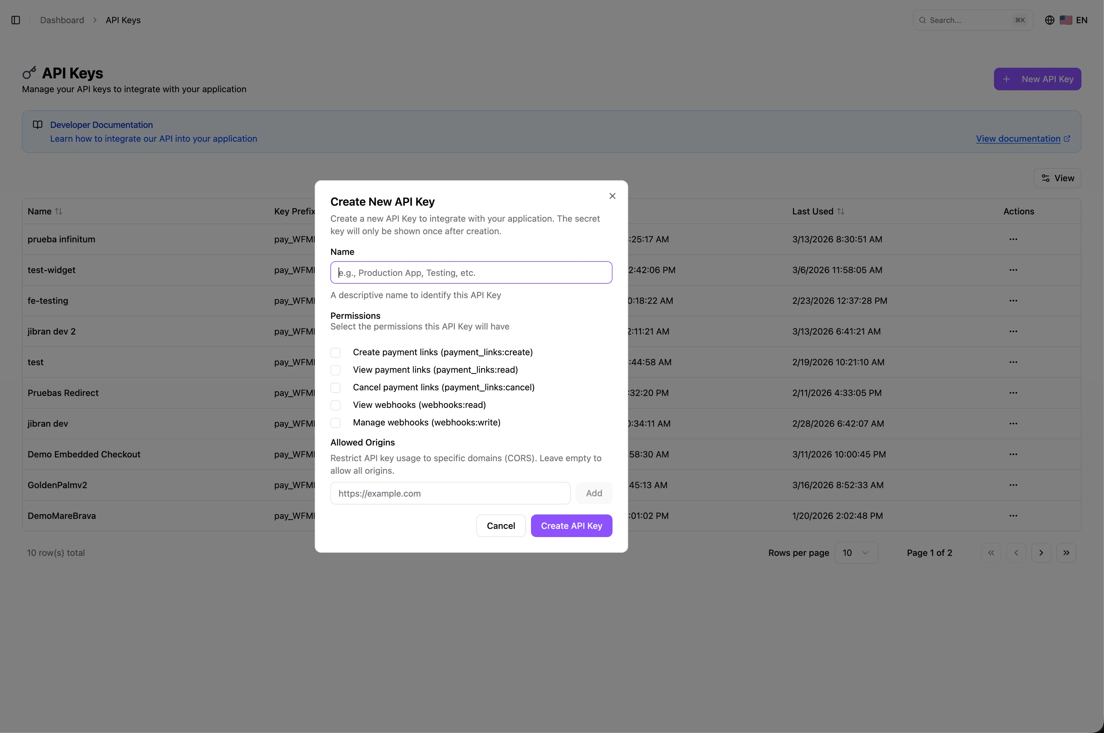 Diálogo para crear una nueva API Key