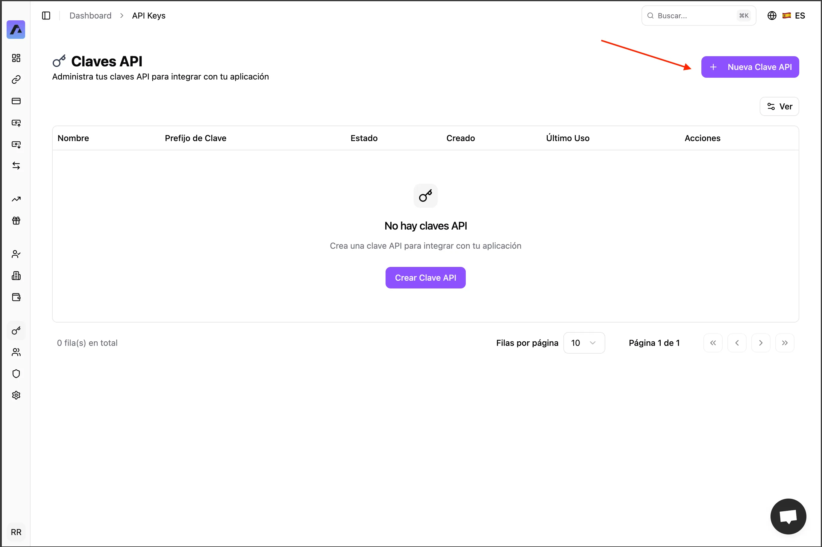 Página de administración de Claves API