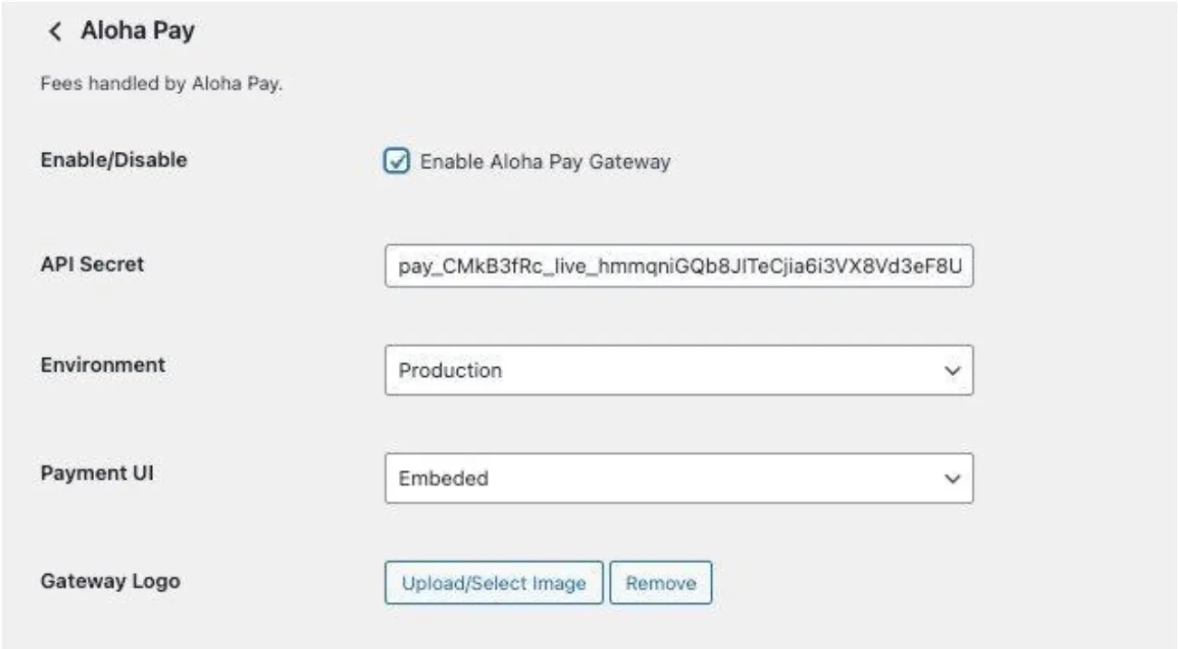 Panel de configuración de Aloha Pay en WooCommerce